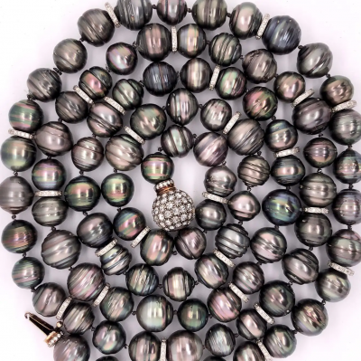 Black Baroque Pearl and Pave Diamond Long Chain Necklace 100 14 9 12 1mm Pearls