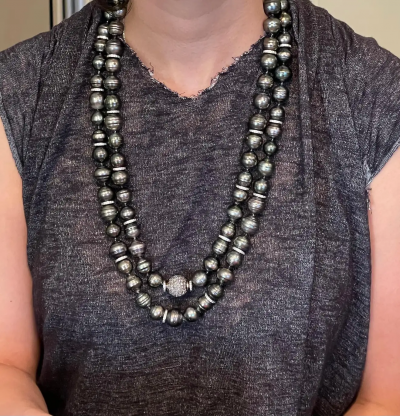 Black Baroque Pearl and Pave Diamond Long Chain Necklace 100 14 9 12 1mm Pearls