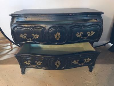 Black Distressed Bombe Commode with Bronze Mounts and Pull Out Tray Top