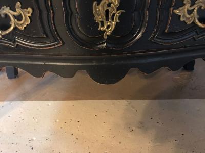 Black Distressed Bombe Commode with Bronze Mounts and Pull Out Tray Top