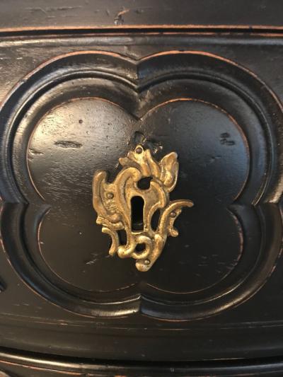 Black Distressed Bombe Commode with Bronze Mounts and Pull Out Tray Top