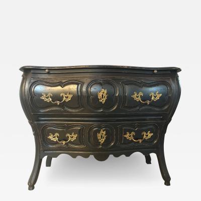Black Distressed Bombe Commode with Bronze Mounts and Pull Out Tray Top