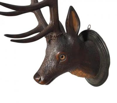 Black Forest Carved Walnut Deer Head Trophy Mount