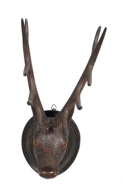 Black Forest Carved Walnut Deer Head Trophy Mount