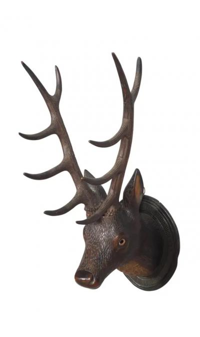 Black Forest Carved Walnut Deer Head Trophy Mount
