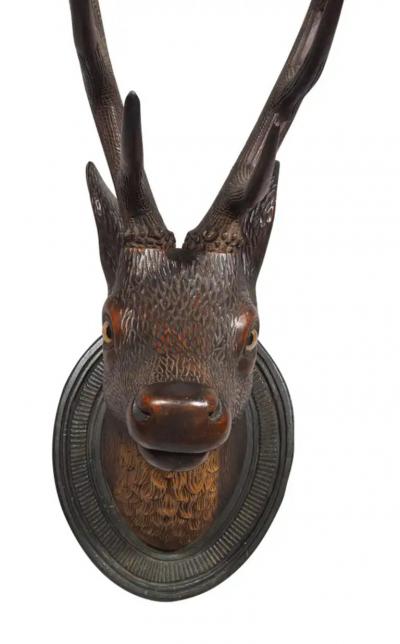 Black Forest Carved Walnut Deer Head Trophy Mount