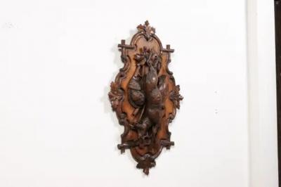 Black Forest Period 19th Century German Oak Wall Carving with Hunting Trophy