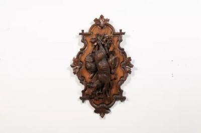 Black Forest Period 19th Century German Oak Wall Carving with Hunting Trophy