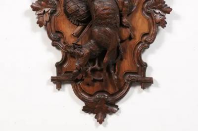 Black Forest Period 19th Century German Oak Wall Carving with Hunting Trophy