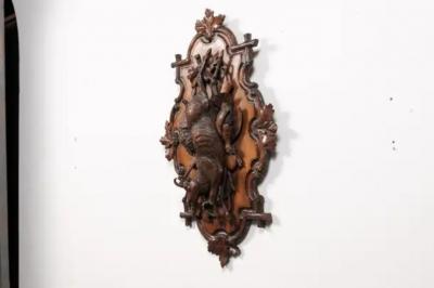 Black Forest Period 19th Century German Oak Wall Carving with Hunting Trophy