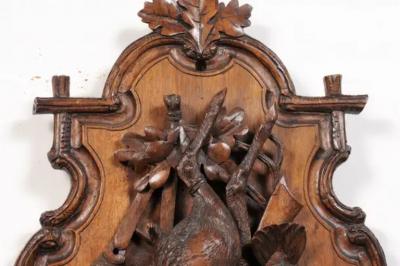 Black Forest Period 19th Century German Oak Wall Carving with Hunting Trophy