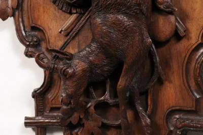 Black Forest Period 19th Century German Oak Wall Carving with Hunting Trophy