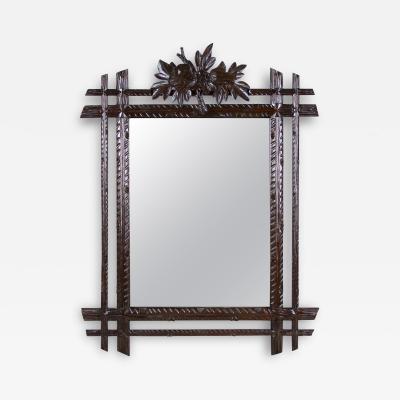 Black Forest Rustic Wall Mirror with Center Top Carving Austria circa 1890