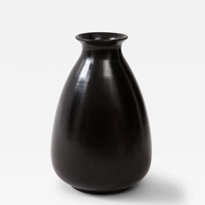 Black Glaze Ceramic Vase Lipped High Neck Squashed Tear Form France c 1960