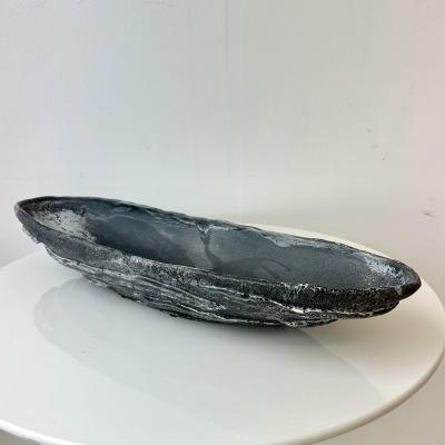 Black Grey and White Patterned and Textured Oblong Bowl by Aram C