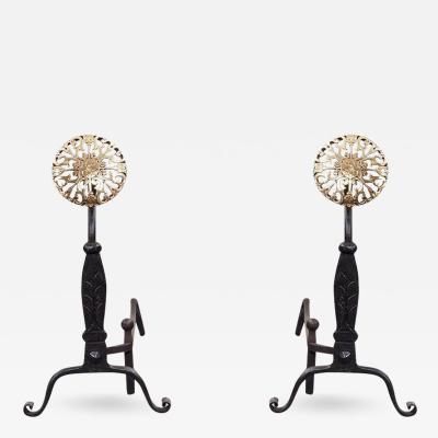 Black Iron Andirons with Brass Rosettes