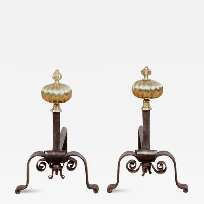 Black Iron and Brass Onion Finial Andirons