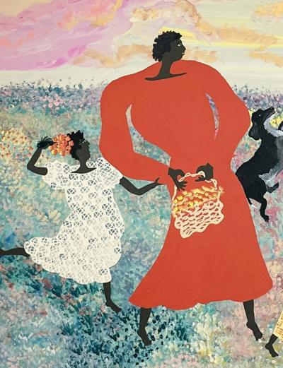 Black Joe Jackson Folk Art Painting by Black Joe Jackson Titled We Be Pickn Sum Flars US 1960s