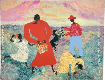 Black Joe Jackson Folk Art Painting by Black Joe Jackson Titled We Be Pickn Sum Flars US 1960s