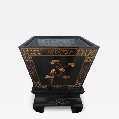 Black Lacquer Asian Inspired Planter on Stand