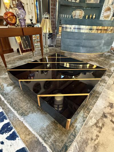 Black Lacquer Coffee Table with Light Wood Inlay Italy 1970s