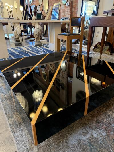 Black Lacquer Coffee Table with Light Wood Inlay Italy 1970s