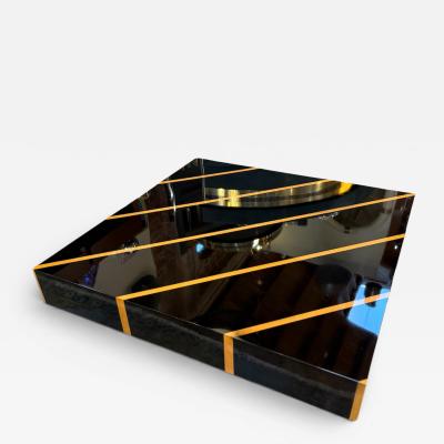 Black Lacquer Coffee Table with Light Wood Inlay Italy 1970s