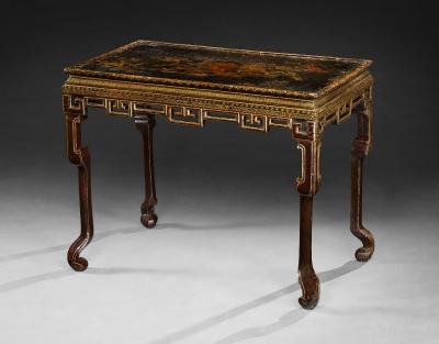 Black Lacquer Gilt Chinoiserie Decorated Center Console Table