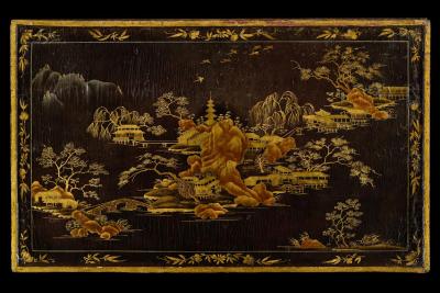 Black Lacquer Gilt Chinoiserie Decorated Center Console Table