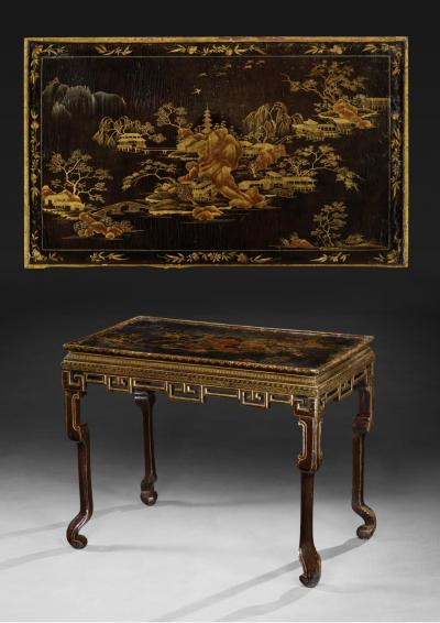 Black Lacquer Gilt Chinoiserie Decorated Center Console Table