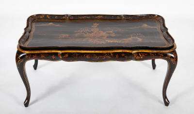 Black Lacquered Chinoiserie Scalloped Tray on Stand