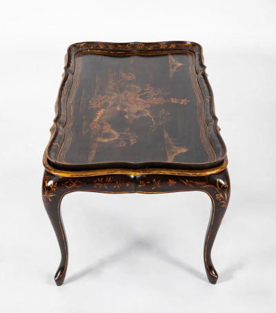 Black Lacquered Chinoiserie Scalloped Tray on Stand