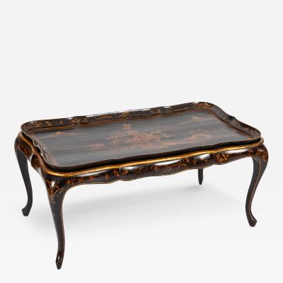 Black Lacquered Chinoiserie Scalloped Tray on Stand