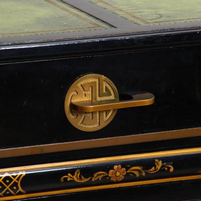 Black Lacquered Gilt Decorated Details Green Leather Top Sideboard Server
