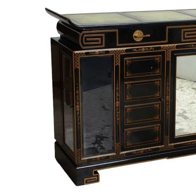 Black Lacquered Gilt Decorated Details Green Leather Top Sideboard Server