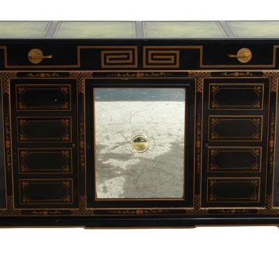 Black Lacquered Gilt Decorated Details Green Leather Top Sideboard Server
