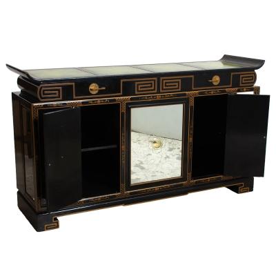 Black Lacquered Gilt Decorated Details Green Leather Top Sideboard Server