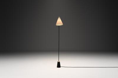 Black Lacquered Metal and Brass Floor Lamp Denmark 1950s