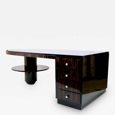 Black Large Asymmetrical Art Deco Office Desk with Drawers and Shelf on Column