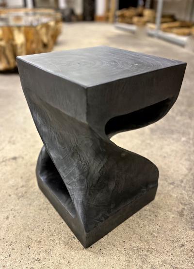 Black Wooden Side Table Stool Organic Modern Handcarved IDN 2023