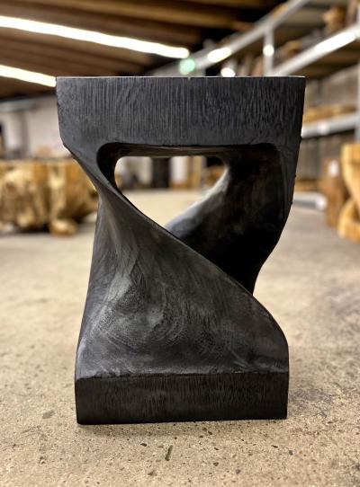 Black Wooden Side Table Stool Organic Modern Handcarved IDN 2023