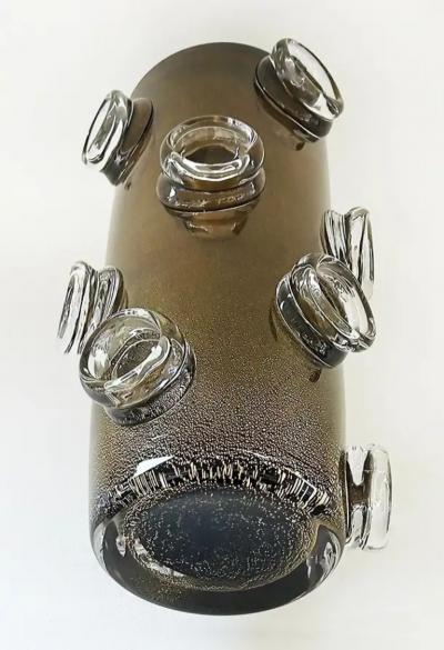 Black and 24K Gold Infused Dimurano Glass Vase with Clear Glass Applications