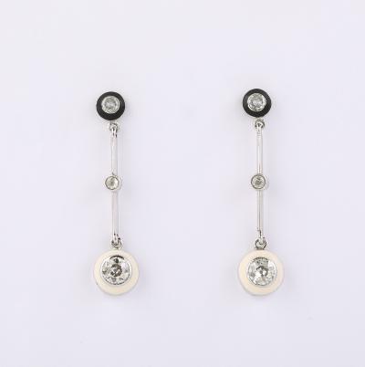 Black and White Enamel Pendant Diamond and Platinum Earrings