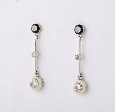 Black and White Enamel Pendant Diamond and Platinum Earrings