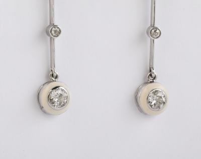 Black and White Enamel Pendant Diamond and Platinum Earrings