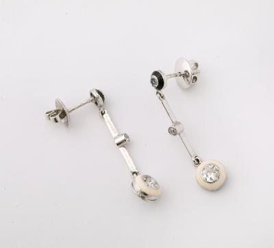 Black and White Enamel Pendant Diamond and Platinum Earrings