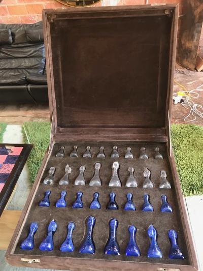 Blu Marble and Art Glass Chess Game Set Italy ca 1970s