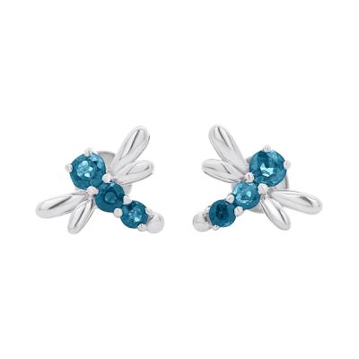 Blue Diamond Dragonfly Stud Earrings in 14K White Gold