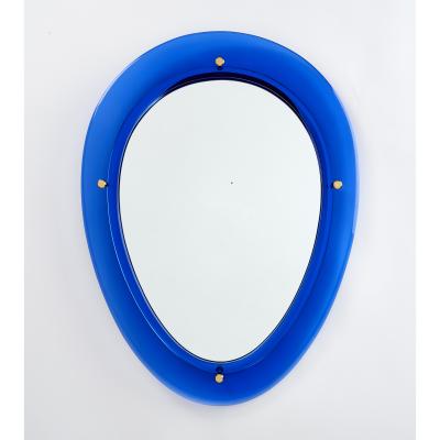 Blue Oval Shaped Glass Mirror Italy 1960s