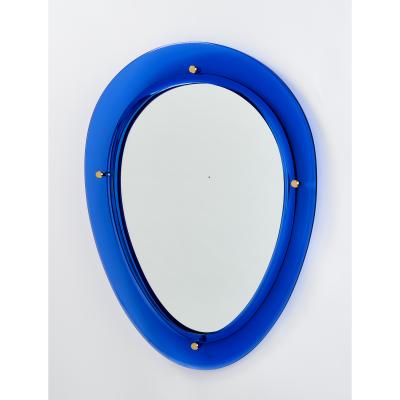 Blue Oval Shaped Glass Mirror Italy 1960s